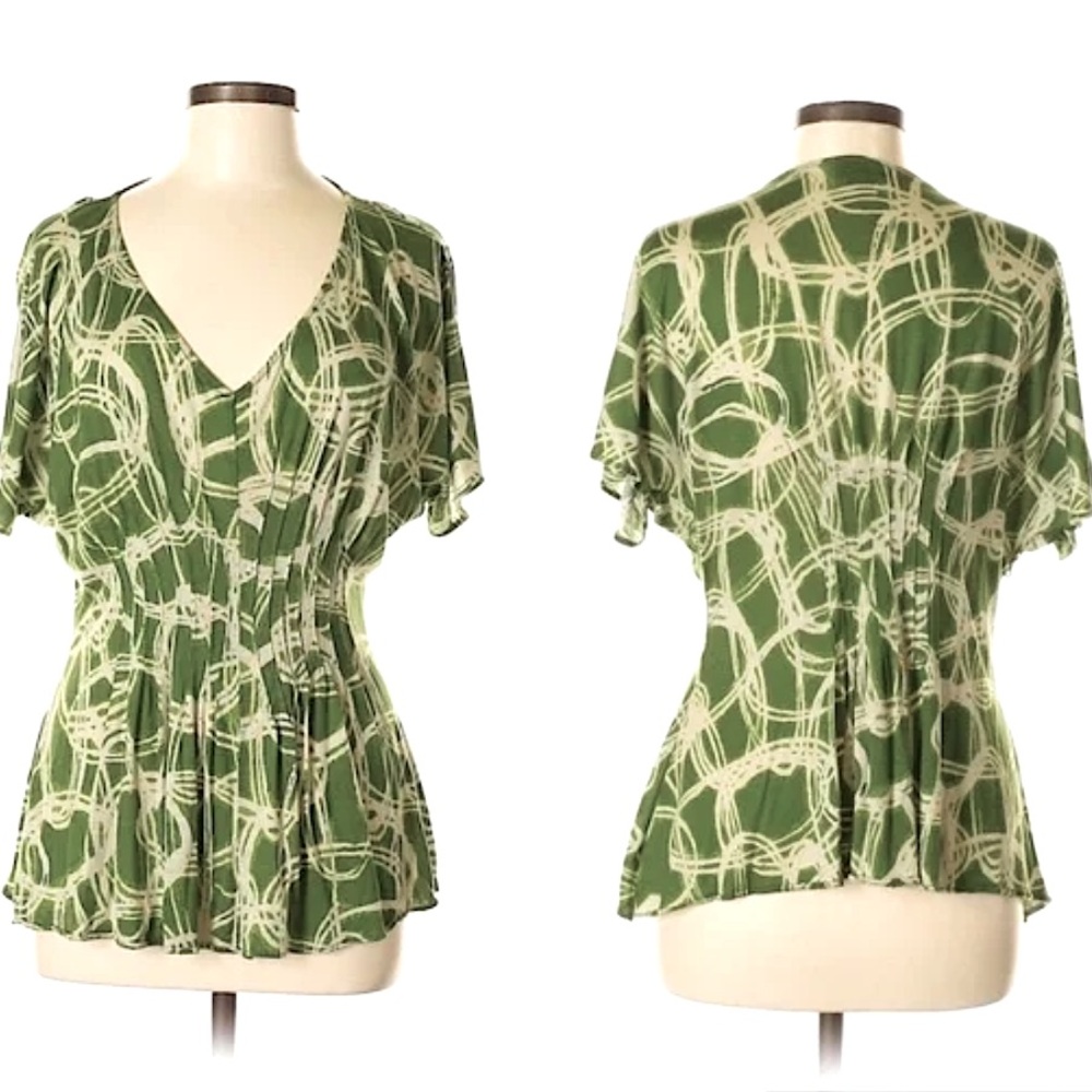 Anthropologie Deletta Green Tencel V-Neck Top | SIZE S